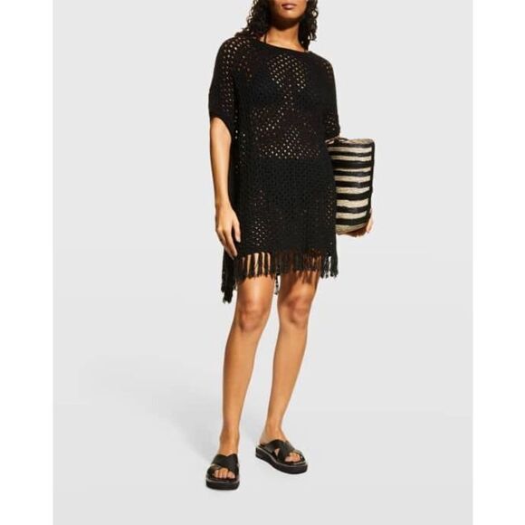 Tommy Bahama Blue Oversized Crochet Tunic Knit Fringe Kaftan Cover-Up Top‎ S/M - Picture 2 of 8